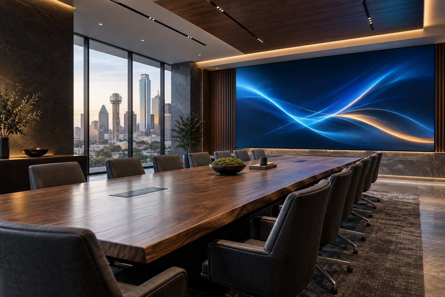 Concept rendering of a Dallas boardroom with a seamless LED video wall