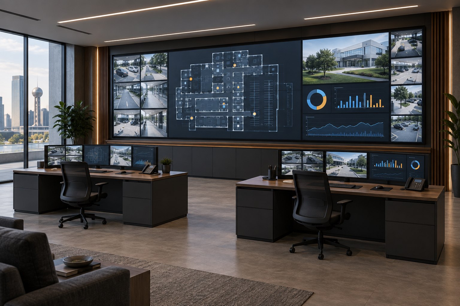 Concept rendering of an operations room with a seamless LED wall showing illustrative dashboards and camera views