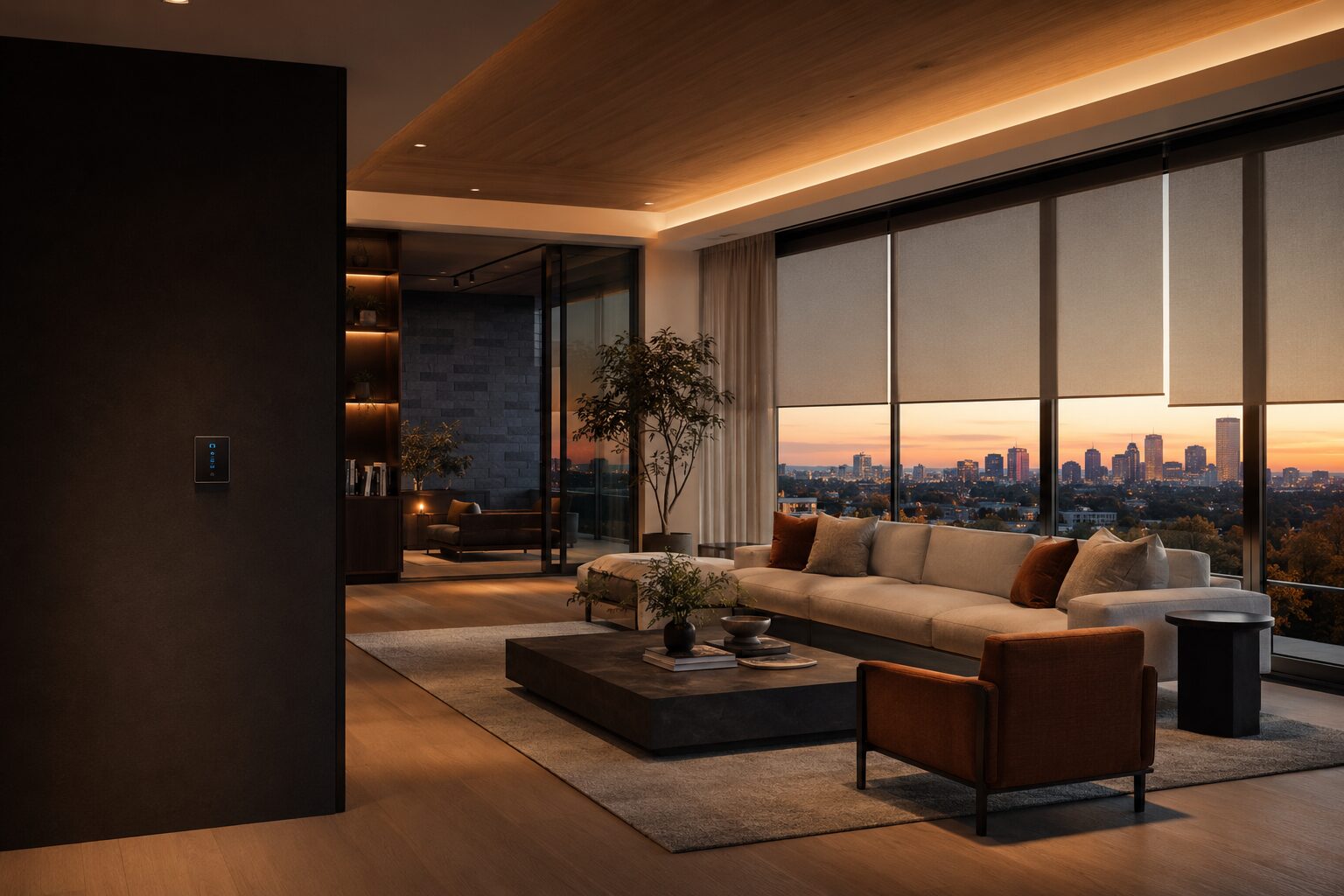 Control4 lighting control and motorized shades integrated into a luxury interior